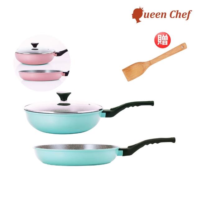 【Queen Chef】韓國礦岩鈦合金鑄造不沾鍋雙鍋 30CM 4件組(炒鍋+平底鍋+蓋+竹鏟)-momo購物網 【Queen Chef】韓國礦岩鈦合金鑄造不沾鍋雙鍋 30CM 4件組(炒鍋+平底鍋+蓋+竹鏟)