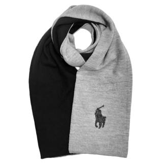 【RALPH LAUREN】經典馬球LOGO雙色針織羊毛圍巾(灰色/黑色)