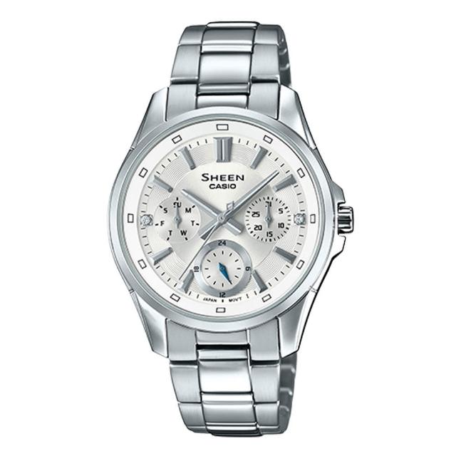 【CASIO 卡西歐】三眼女錶 不鏽鋼錶帶 銀 防水50米(SHE-3060D-7A)