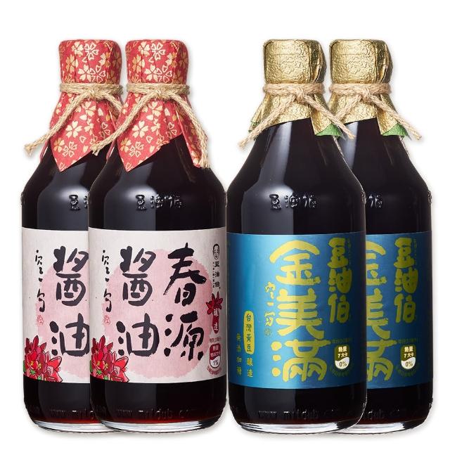 【豆油伯】金源滿四入組(金美滿醬油-無添加糖500ml x 2+ 春源純釀黑豆醬油500ml x 2)