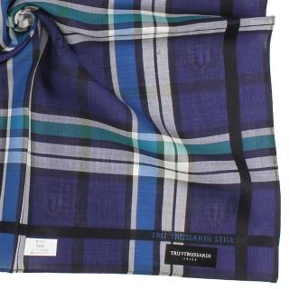 【TRUSSARDI】經典家徽LOGO學院風正格紋純綿帕巾(靛藍色)