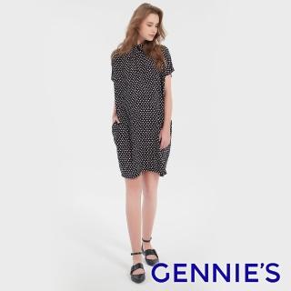 【Gennies 奇妮】復古圓點連袖洋裝(黑底白點T1F05)