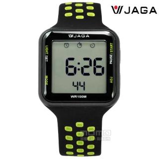 【JAGA捷卡】方型電子 計時碼錶 鬧鈴 防水100米 透氣運動 矽膠手錶 黑綠色 38mm(M1179C-AF)