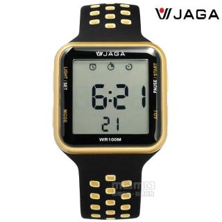 【JAGA捷卡】方型電子 計時碼錶 鬧鈴 防水100米 透氣運動 矽膠手錶 黑金色 38mm(M1179C-AL)