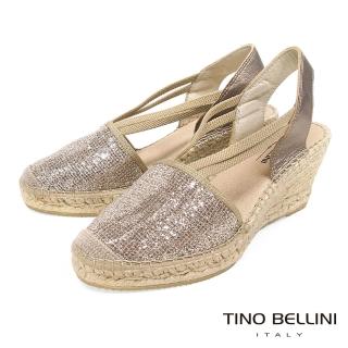 【TINO BELLINI 貝里尼】西班牙進口細緻亮片麻編楔型涼鞋A83014(玫瑰金)