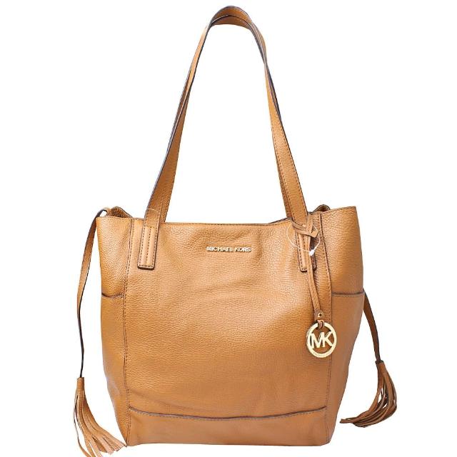 Michael Kors【Michael Kors】金色LOGO飾牌皮革流蘇 真皮肩背托特包(大款/駝色)