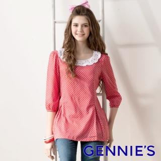 【Gennies 奇妮】圓點蕾絲七分袖哺乳上衣(紅/藍GN094)