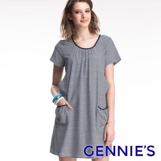 【Gennies 奇妮】簡約細條紋哺乳洋裝(紅/藍GNA63)