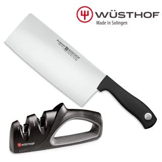 【WUSTHOF 三叉】SILVERPOINT 中式廚刀+磨刀器(磨刀器 菜刀 片刀)