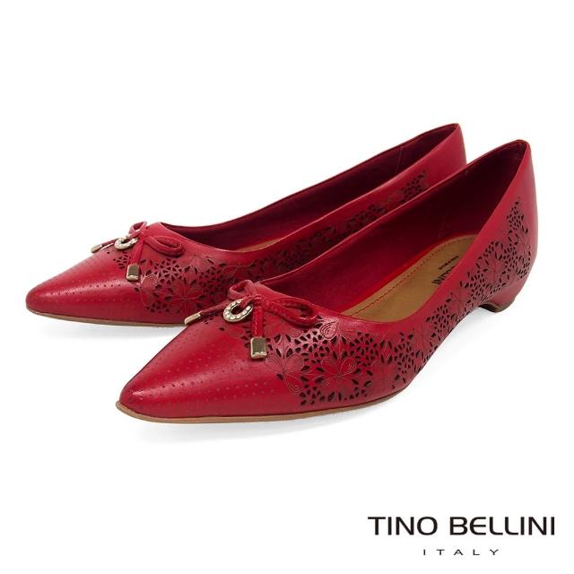 【TINO BELLINI 貝里尼】巴西進口雷射雕花佐優雅蝴蝶結低跟包鞋TF8512(紅)