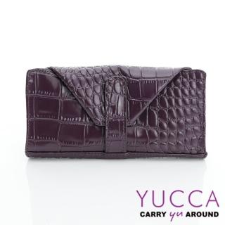 【YUCCA】鱷魚紋牛皮時尚手拿包折式長夾-亮面紫(D013307)