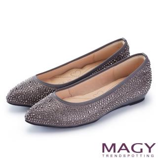 【MAGY】低調奢華的美感 閃耀水晶鑽飾尖頭平底鞋(灰色)