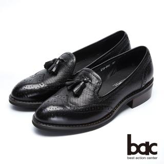 【bac】都會新秀 - 擦色感沖孔中性風格鏤空流蘇樂福鞋(黑色)