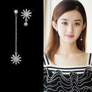 【梨花HaNA】韓國925銀針花現光芒鋯石不對稱垂墜耳環