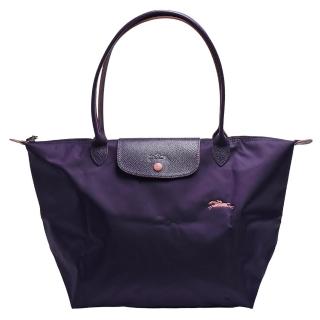 【LONGCHAMP】經典Collection系列刺繡摺疊暗釦/拉鍊長提把尼龍水餃包(大-藍莓色1899619-645)