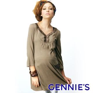 【Gennies 奇妮】緞面拼接七分袖長版上衣(卡其綠/墨綠/黑C3W04)