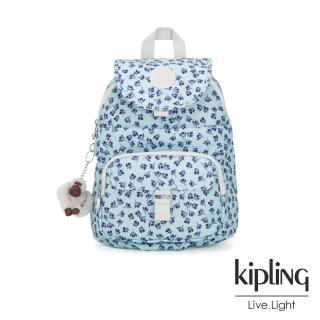 【KIPLING】典雅淡藍小花前扣多隔層後背包-QUEENIE