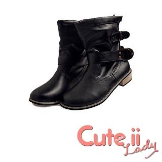 【Cute ii Lady】帥氣皮帶釦經典粗跟騎士中筒靴(黑)