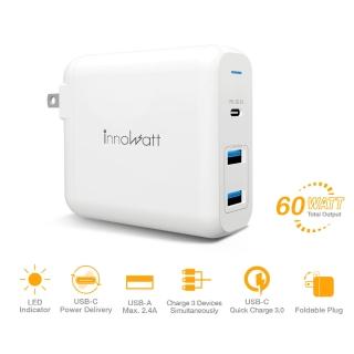 【Innowatt】USB Type-C 60W PD3.0/QC3.0三孔智能快速充電器 旅充Power 360(可支持iPhone/iPad快速充電)