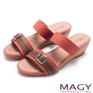【MAGY】異國渡假風 質感真皮編織楔型拖鞋(橘色)