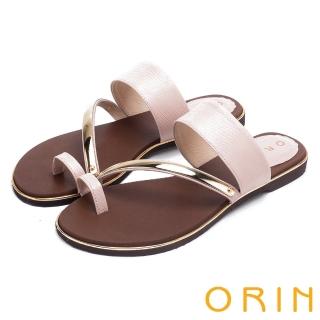 【ORIN】夏日時尚風 金屬斜邊飾條牛皮套指拖鞋(粉紅)