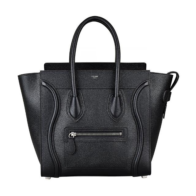 CELINE【CELINE】CELINE MICRO LUGGAGE燙銀LOGO小牛皮拉鍊手提囧包(黑)