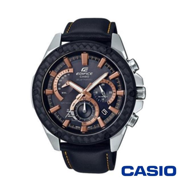 【CASIO 卡西歐】經典格紋皮革太陽能時計男腕錶-黑x48mm(EQS-910L-1A)