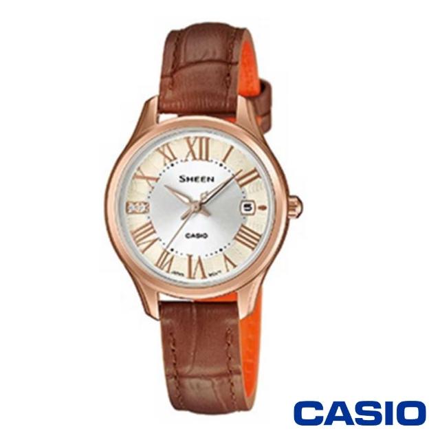 【CASIO 卡西歐】氣質簡約施華洛世奇皮革女腕錶-粉金x28mm(SHE-4050PGL-7A)