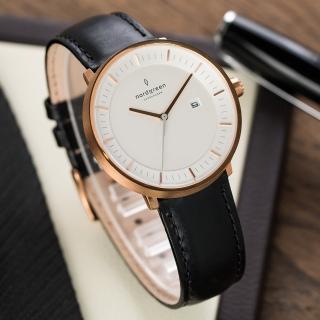 【Nordgreen】ND手錶 哲學家 Philosopher 40mm 玫瑰金殼×白面 極夜黑真皮錶帶(PH40RGLEBLXX)