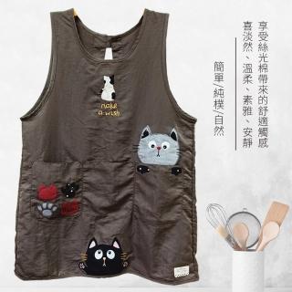 【BonBon naturel】刺繡絲光棉可愛貼布圍裙-三隻貓/兩色可挑選(圍裙/工作服/烘焙圍裙/背心裙)