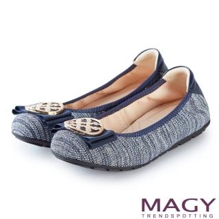 【MAGY】甜美舒適 金屬造型飾扣鬆緊帶牛皮娃娃鞋(藍色)
