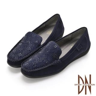 【DN】休閒鞋_閃耀全真皮手工縫線莫卡辛彈力休閒鞋(藍)