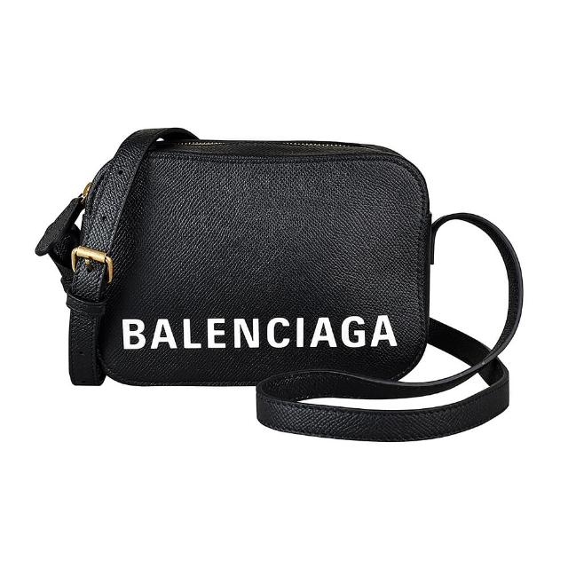 【Balenciaga 巴黎世家】BALENCIAGA巴黎世家VILLE印花白字LOGO牛皮拉鍊斜背相機包(黑)