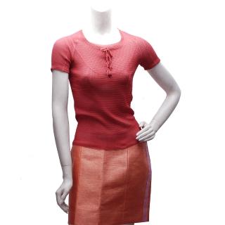 【Louis Vuitton 路易威登】蝴蝶結X小花鈕釦設計真絲短袖針織上衣(櫻桃紅KS16MHQ-534)