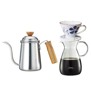 【Tiamo】1403 不鏽鋼細口壺木柄把手 0.7L+V01陶瓷咖啡濾杯+玻璃壺400cc(HA1653+HG5548+HG1988)