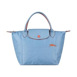 【LONGCHAMP】LONGCHAMP COLLECTION刺繡LOGO尼龍摺疊短把拉鍊手提包(小/霧藍x橘)