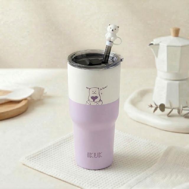 【IKUK 艾可】真陶瓷內膽保溫保冰杯-吸管杯冰壩杯900ml贈5件組配件(吸管杯/保溫瓶/環保杯)