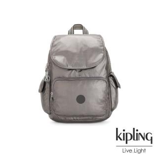 【KIPLING】低調質感金屬灰褐色拉鍊掀蓋後背包-CITY PACK