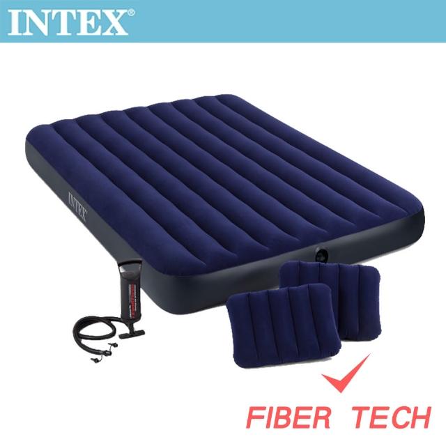 【INTEX】經典雙人加大fiber-tech充氣床墊-寬152cm-特惠組合(附手壓幫浦+枕頭*2_64765)