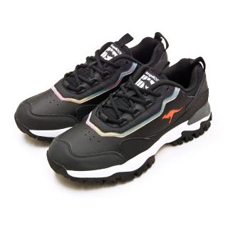 【KangaROOS】男 經典撞色復古越野慢跑鞋 NEON藍標老爹鞋系列(黑幻彩 91170)