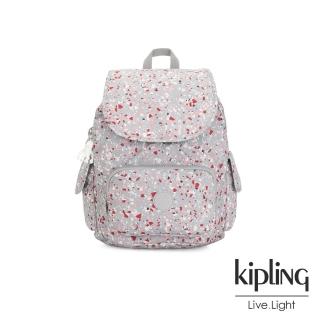 【KIPLING】繽紛水磨石圖樣拉鍊掀蓋後背包-CITY PACK S