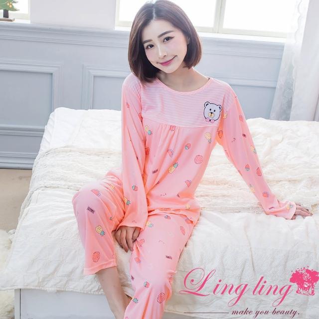 【lingling】PA4247-02全尺碼-圓領牛奶絲可愛熊熊貼布水果圖案長袖二件式睡衣組(清甜淺桔)