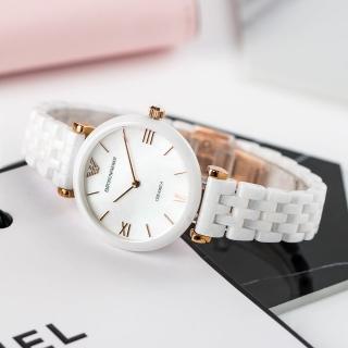 【EMPORIO ARMANI】亞曼尼 公司貨 純淨時代珍珠貝陶瓷腕錶/白x玫瑰金(AR1486)