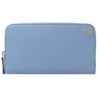 【GUCCI 古馳】新版金屬LOGO小牛皮寬版拉鍊長夾(粉藍)