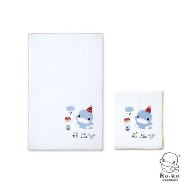 【KU.KU. 酷咕鴨】狐狸熊單印緹花紗布澡巾2入(藍/粉)