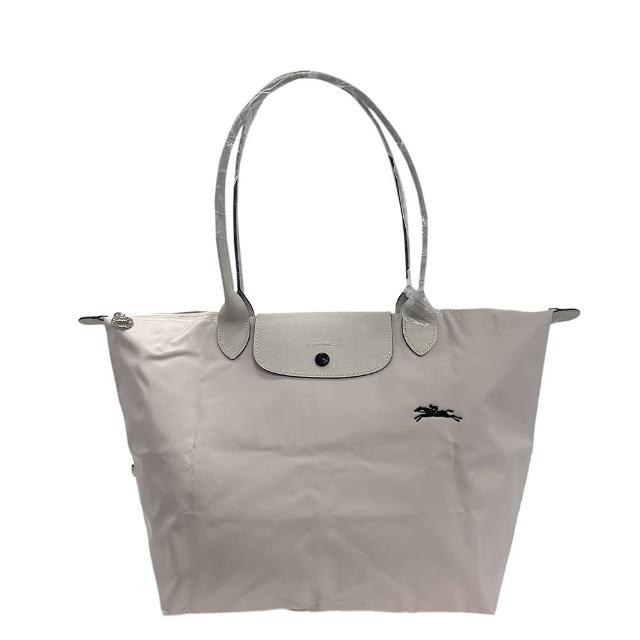 【LONGCHAMP】經典LE PLIAGE系列刺繡摺疊長提把水餃手提包(大-粉筆色1899619-337)