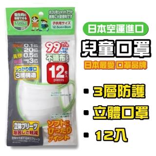 【日本進口】兒童口罩 三層不織布 側邊密合（12枚/包）x 8包(4-18歲用 小學生.國中生.高中生.大學生都可)
