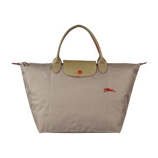 【LONGCHAMP】LONGCHAMP COLLECTION刺繡LOGO尼龍摺疊短把拉鍊手提包(中/棕x紅)