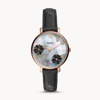 【FOSSIL】Jacqueline花卉黑色皮革手錶36MM(ES4535)