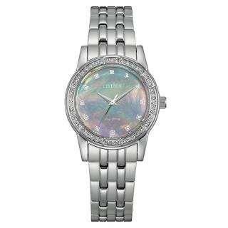 【CITIZEN 星辰】LADYS時尚Swarovski白蝶貝面板鑽石31mm銀色(EM0770-52Y)